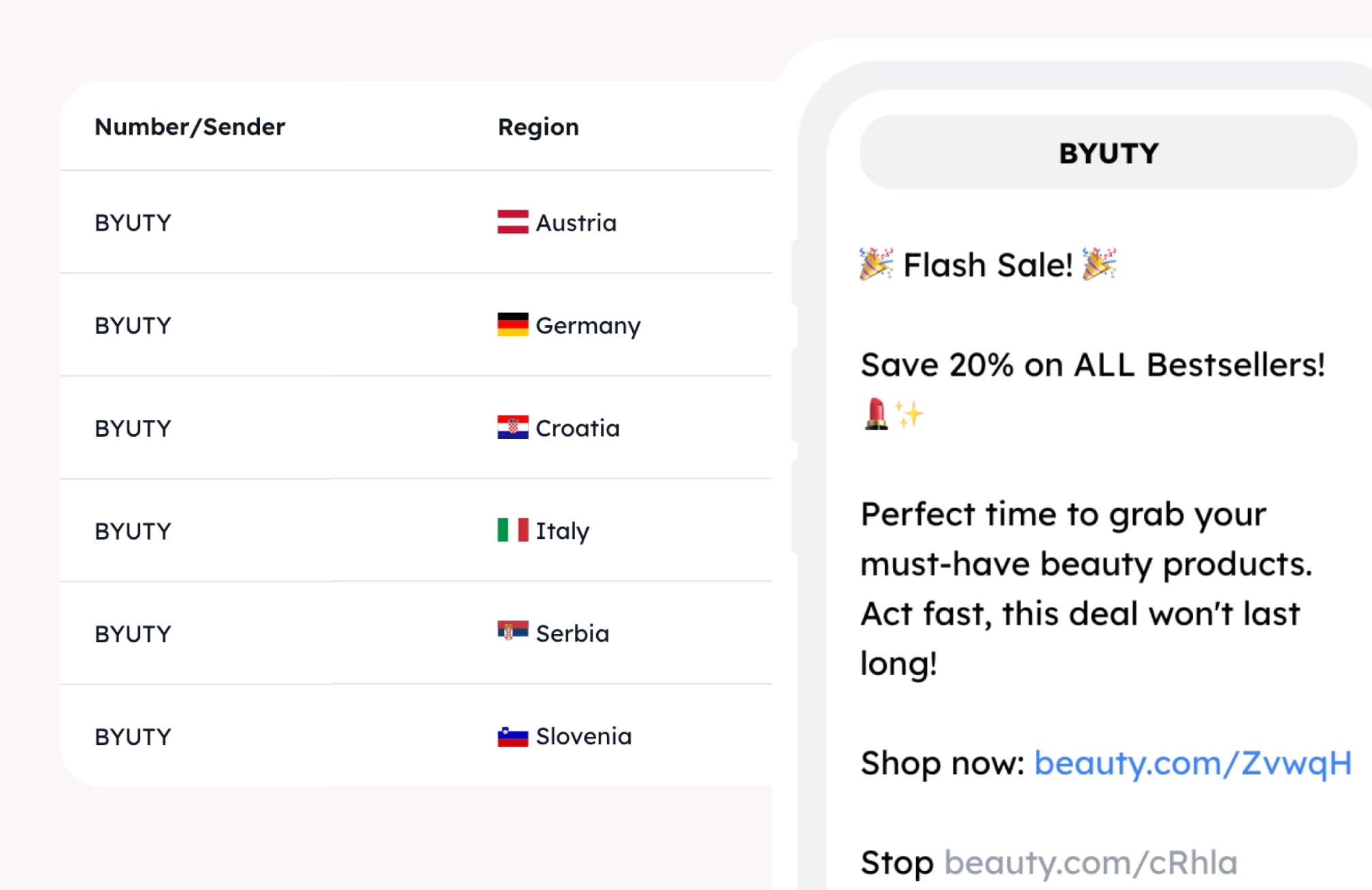 BuzzBlaster — branded sender names per country and a promotional SMS example
